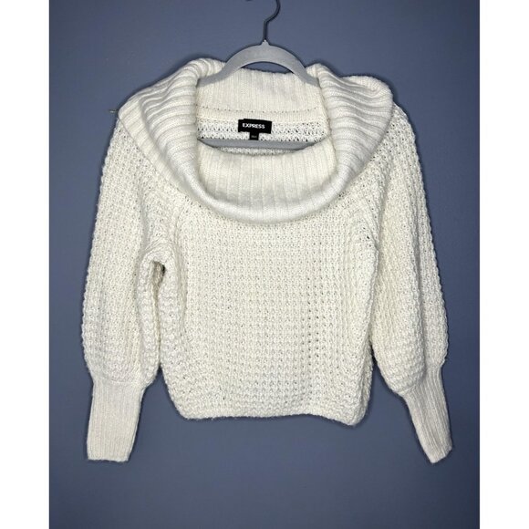 Express Sweater Womens XS White Cowl Neck Chunky Knit Soft Balloon Bishop Sleeve - Picture 4 of 14